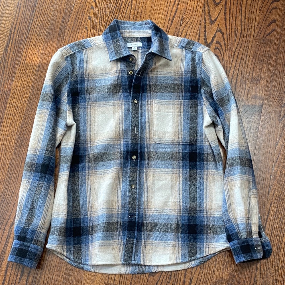 Reiss Navy and Beige Checkered Button-Down Shirt